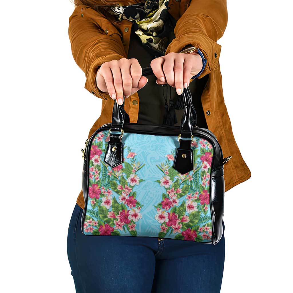 Hawaii Tropical Flowers Shoulder Handbag Sky Blue Polynesian Tattoo Art