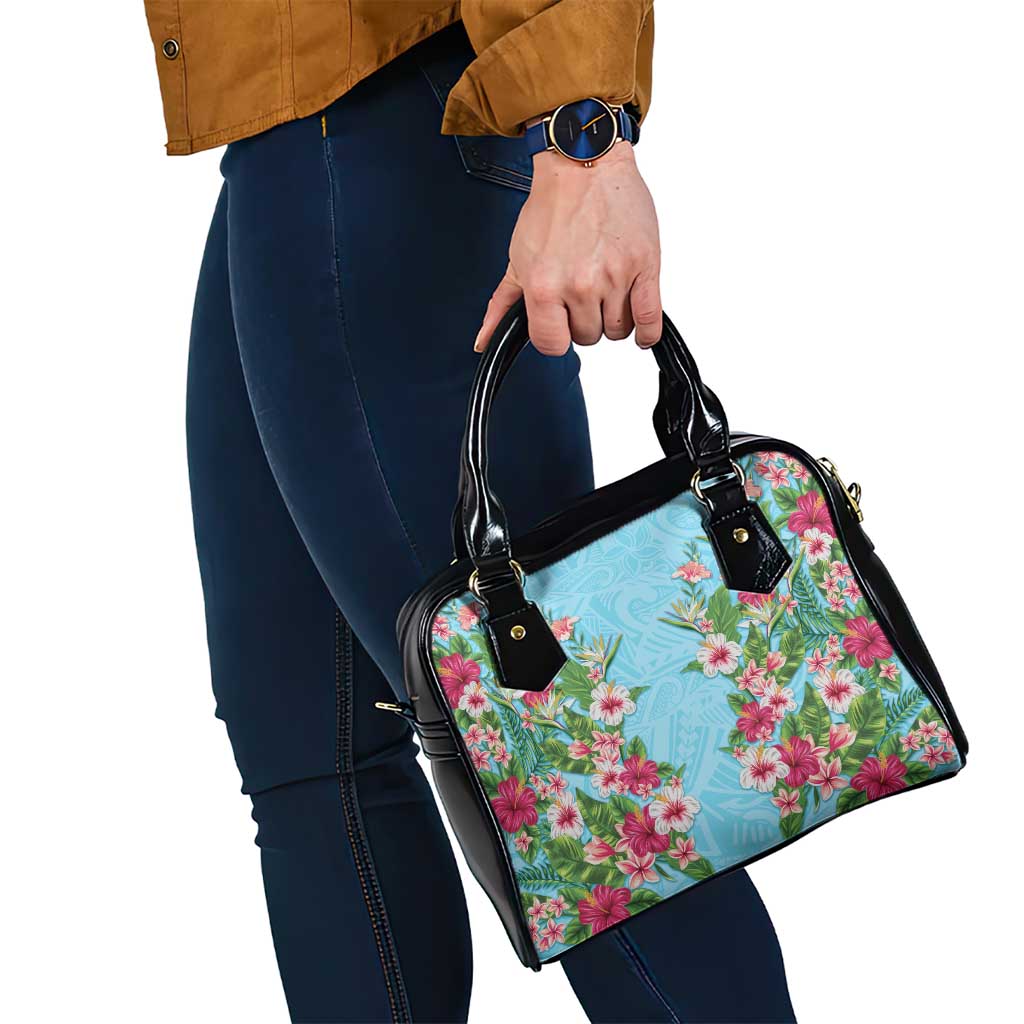 Hawaii Tropical Flowers Shoulder Handbag Sky Blue Polynesian Tattoo Art