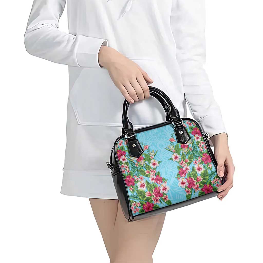 Hawaii Tropical Flowers Shoulder Handbag Sky Blue Polynesian Tattoo Art