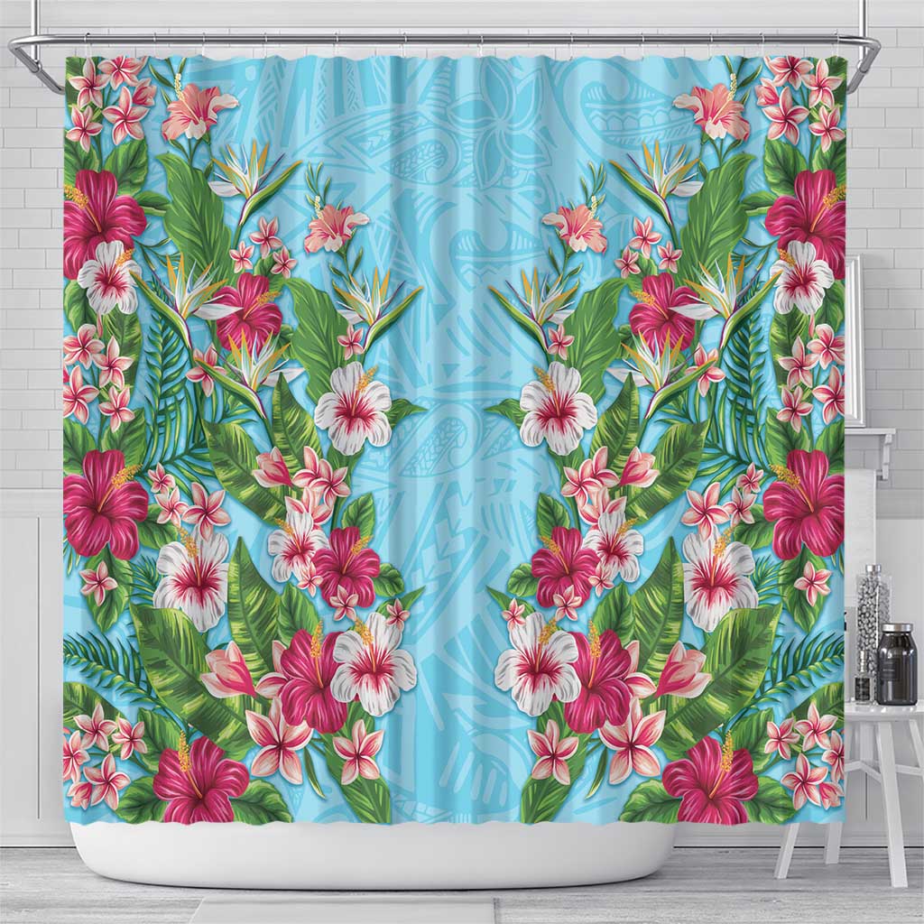 Hawaii Tropical Flowers Shower Curtain Sky Blue Polynesian Tattoo Art