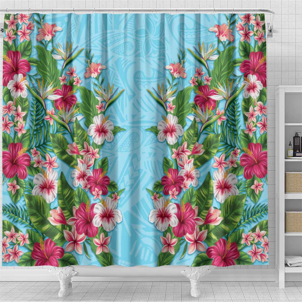 Hawaii Tropical Flowers Shower Curtain Sky Blue Polynesian Tattoo Art