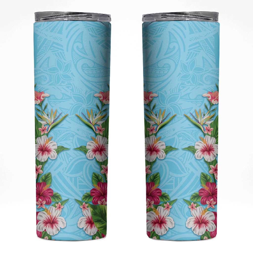 Hawaii Tropical Flowers Skinny Tumbler Sky Blue Polynesian Tattoo Art