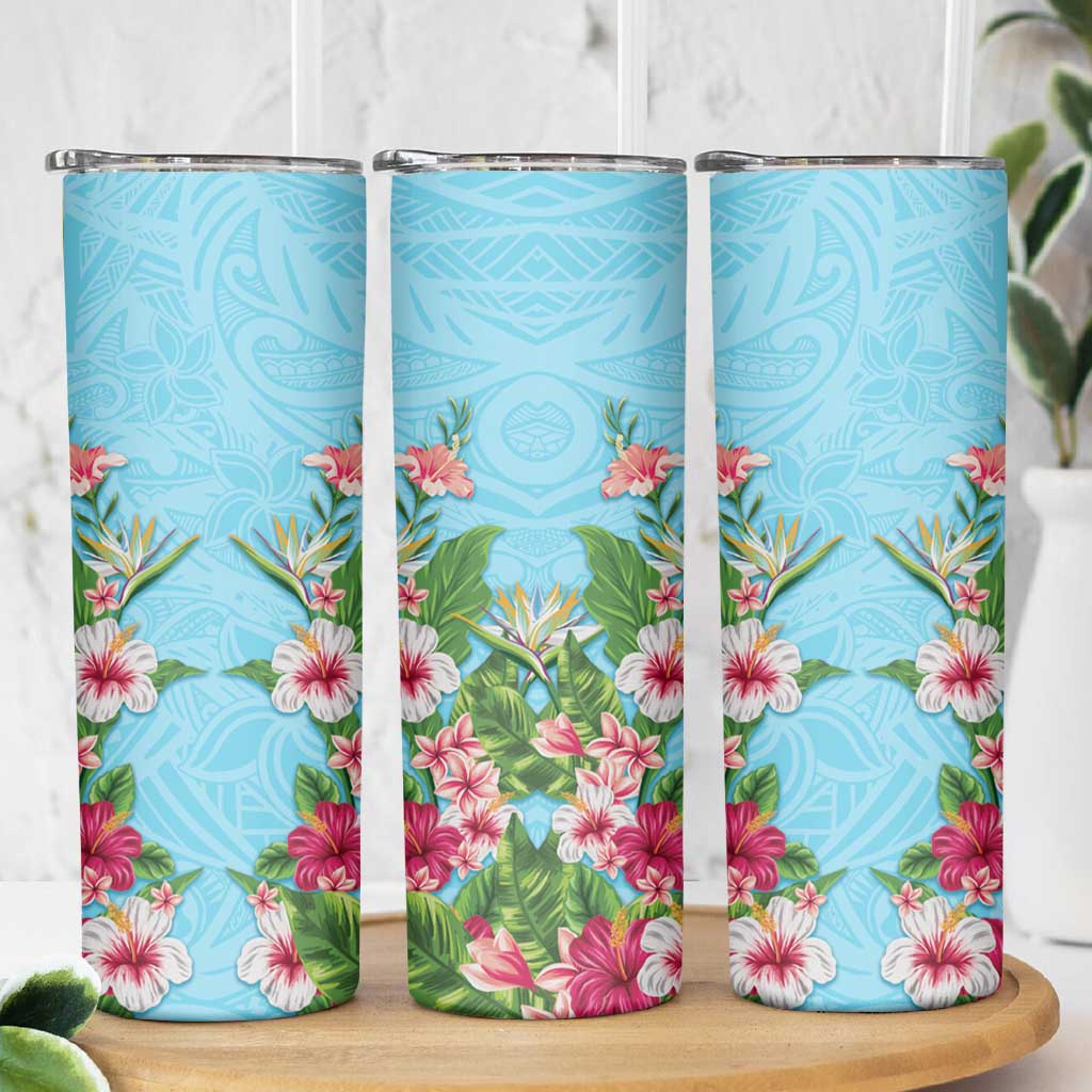 Hawaii Tropical Flowers Skinny Tumbler Sky Blue Polynesian Tattoo Art