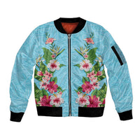 Hawaii Tropical Flowers Sleeve Zip Bomber Jacket Sky Blue Polynesian Tattoo Art