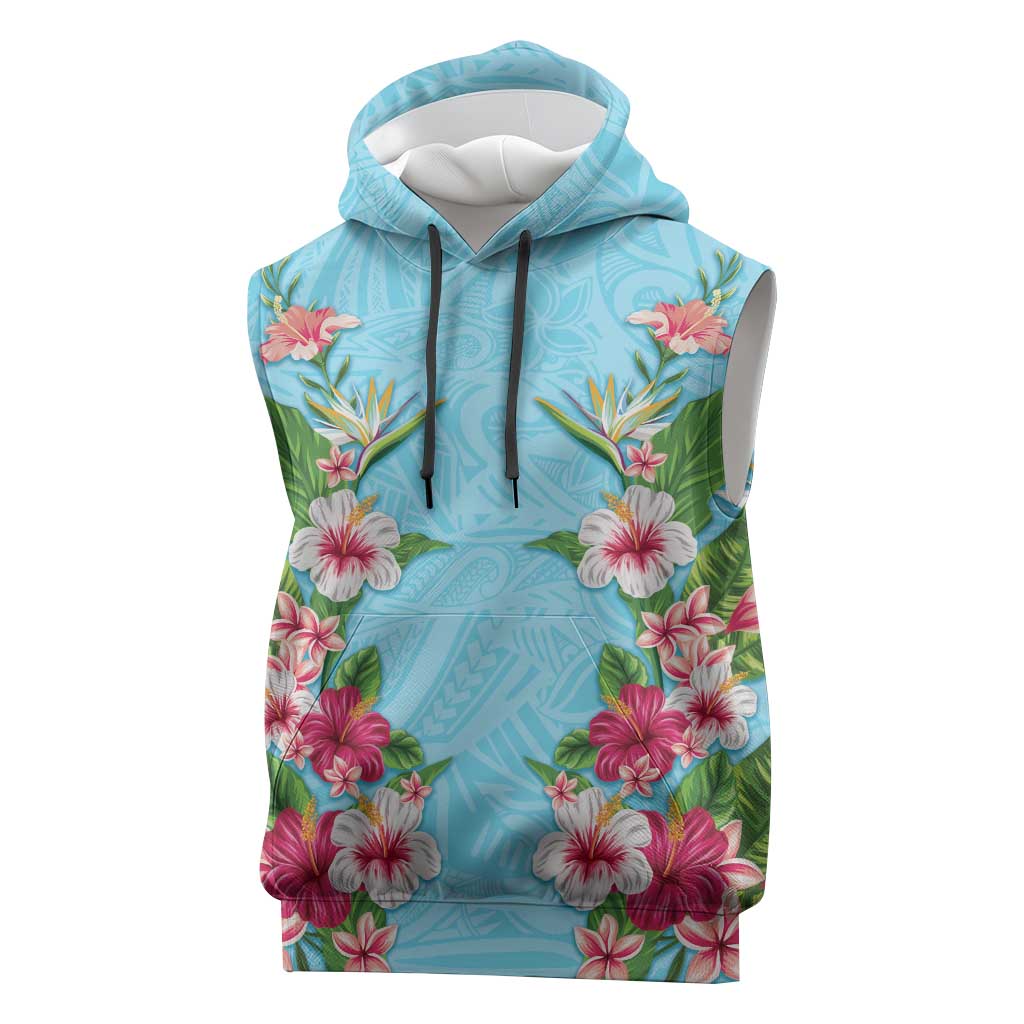 Hawaii Tropical Flowers Sleeveless Hoodie Sky Blue Polynesian Tattoo Art