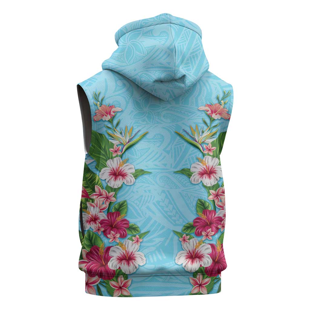 Hawaii Tropical Flowers Sleeveless Hoodie Sky Blue Polynesian Tattoo Art