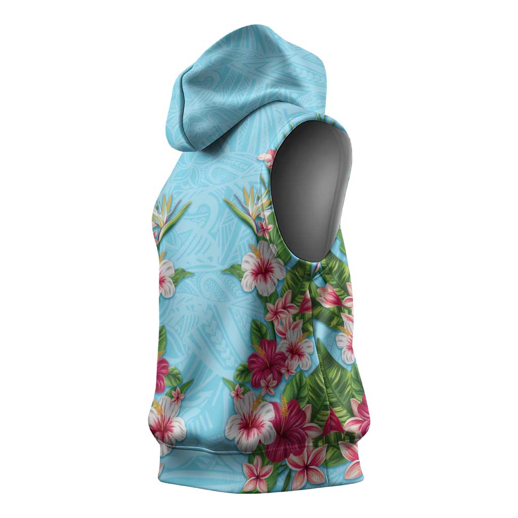 Hawaii Tropical Flowers Sleeveless Hoodie Sky Blue Polynesian Tattoo Art