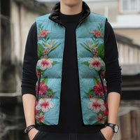 Hawaii Tropical Flowers Sleeveless Puffer Jacket Sky Blue Polynesian Tattoo Art