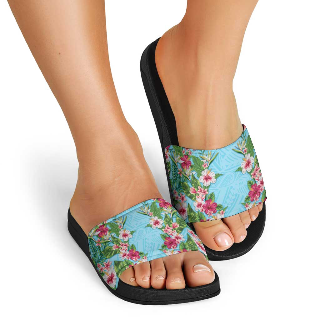 Hawaii Tropical Flowers Slide Sandals Sky Blue Polynesian Tattoo Art