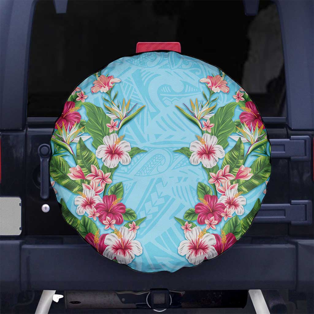 Hawaii Tropical Flowers Spare Tire Cover Sky Blue Polynesian Tattoo Art