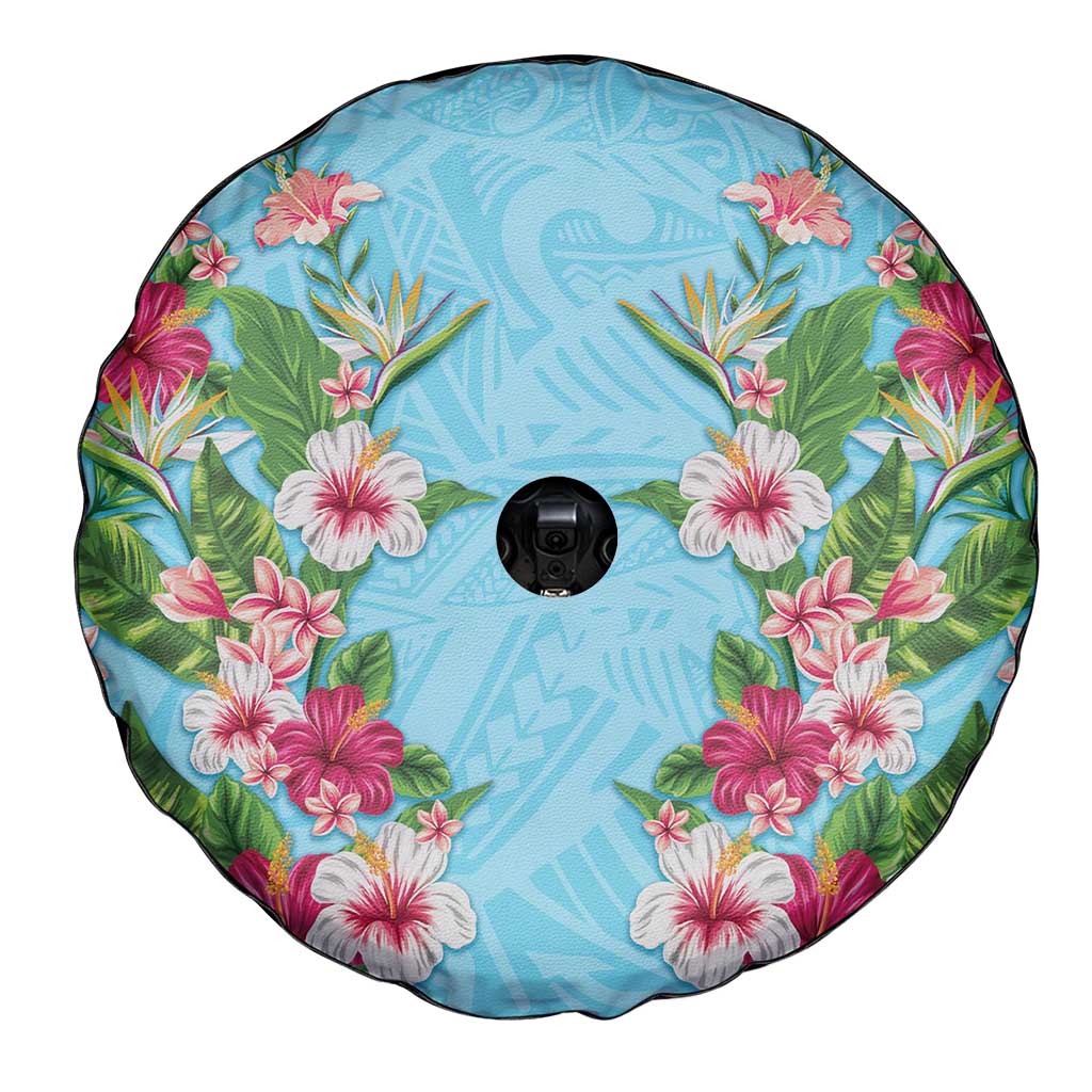 Hawaii Tropical Flowers Spare Tire Cover Sky Blue Polynesian Tattoo Art