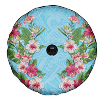 Hawaii Tropical Flowers Spare Tire Cover Sky Blue Polynesian Tattoo Art