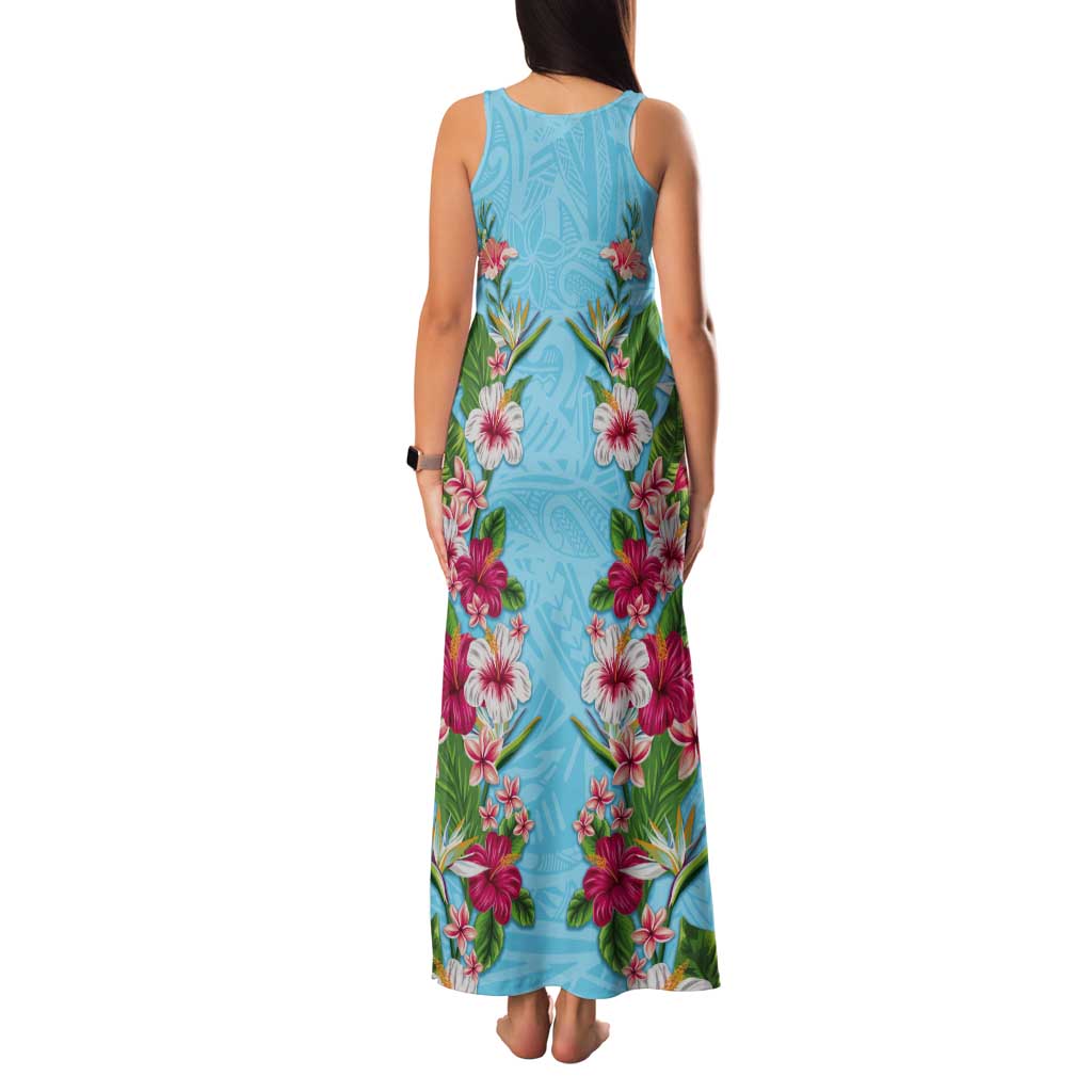 Hawaii Tropical Flowers Tank Maxi Dress Sky Blue Polynesian Tattoo Art
