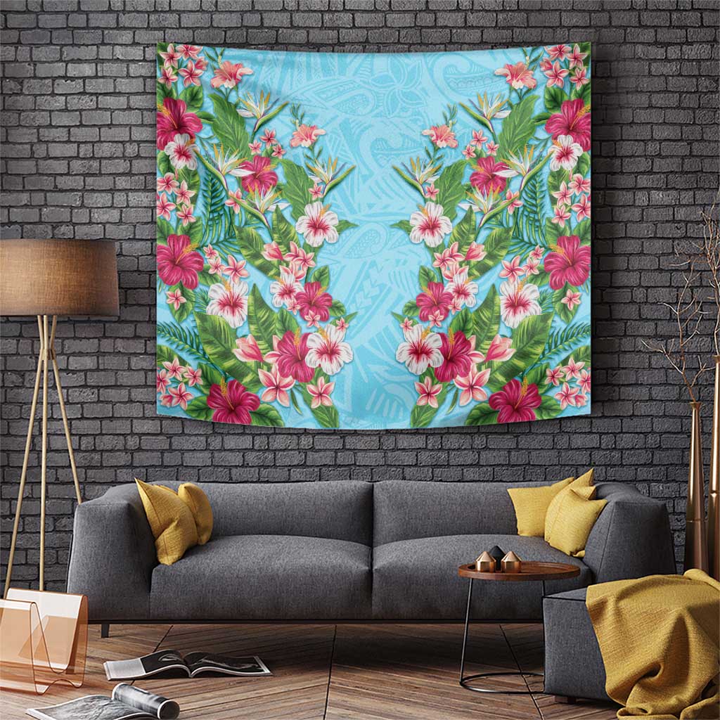 Hawaii Tropical Flowers Tapestry Sky Blue Polynesian Tattoo Art