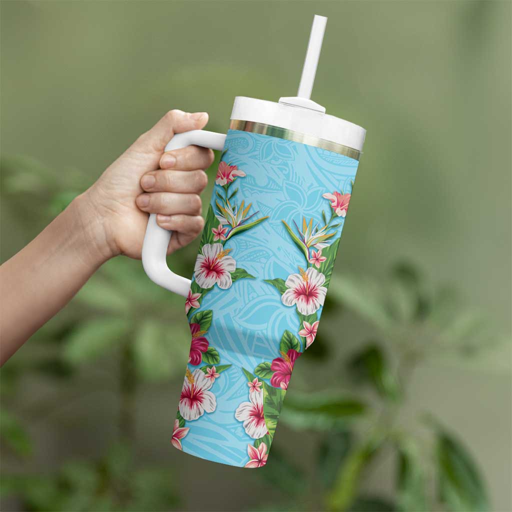 Hawaii Tropical Flowers Tumbler With Handle Sky Blue Polynesian Tattoo Art