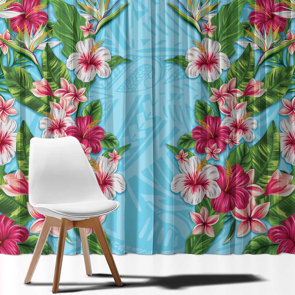 Hawaii Tropical Flowers Window Curtain Sky Blue Polynesian Tattoo Art