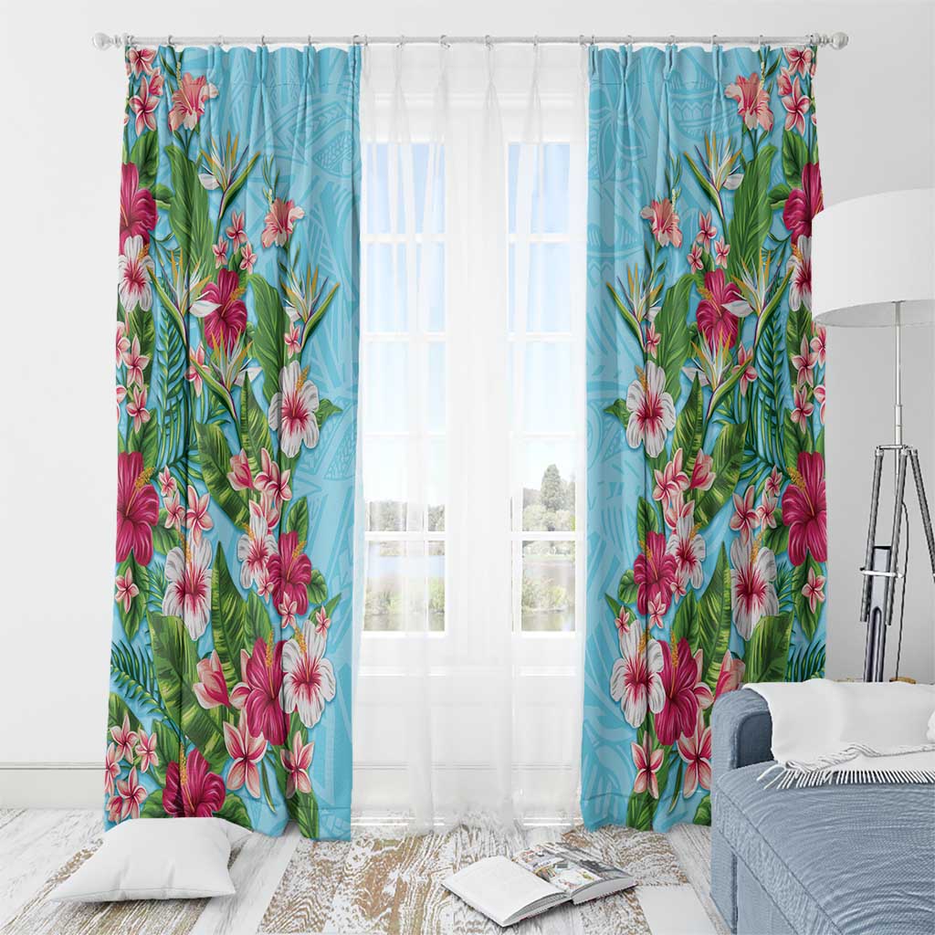 Hawaii Tropical Flowers Window Curtain Sky Blue Polynesian Tattoo Art