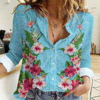 Hawaii Tropical Flowers Women Casual Shirt Sky Blue Polynesian Tattoo Art