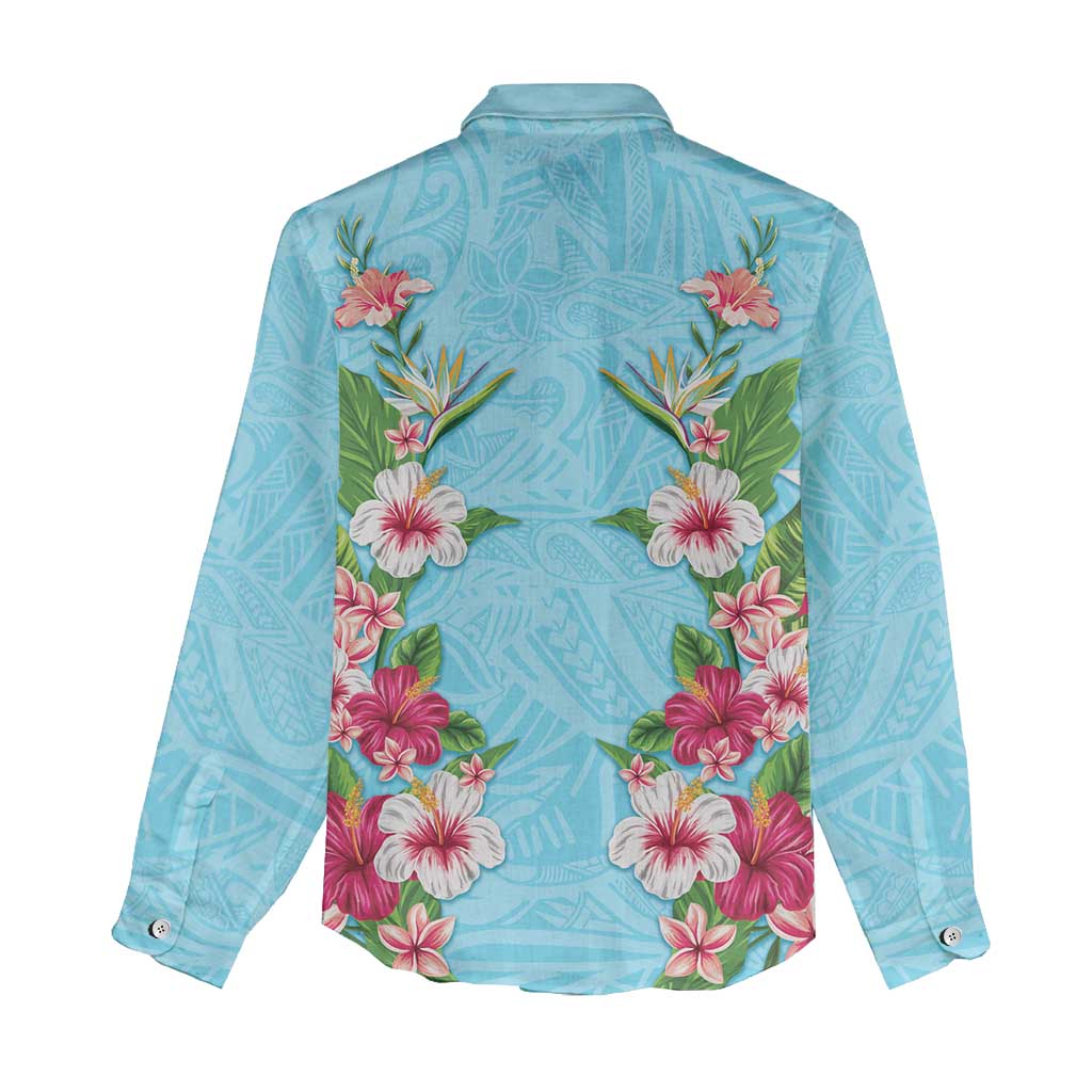 Hawaii Tropical Flowers Women Casual Shirt Sky Blue Polynesian Tattoo Art