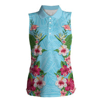 Hawaii Tropical Flowers Women Sleeveless Polo Shirt Sky Blue Polynesian Tattoo Art