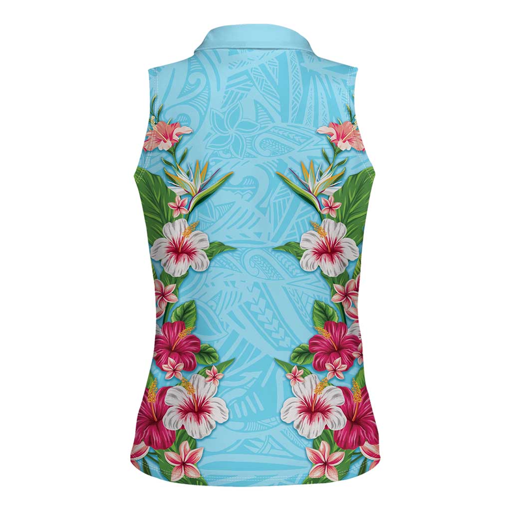 Hawaii Tropical Flowers Women Sleeveless Polo Shirt Sky Blue Polynesian Tattoo Art