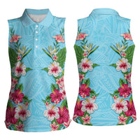 Hawaii Tropical Flowers Women Sleeveless Polo Shirt Sky Blue Polynesian Tattoo Art
