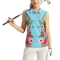 Hawaii Tropical Flowers Women Sleeveless Polo Shirt Sky Blue Polynesian Tattoo Art