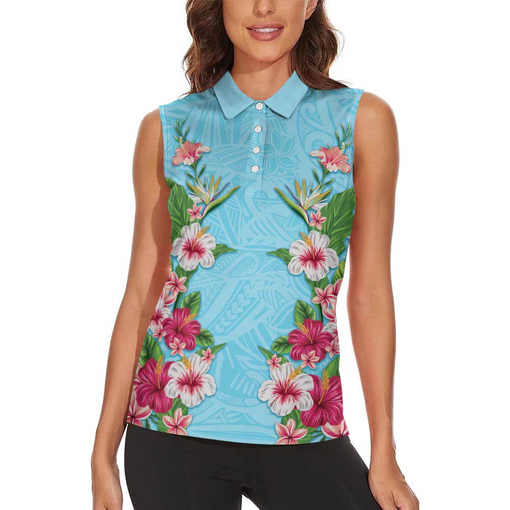Hawaii Tropical Flowers Women Sleeveless Polo Shirt Sky Blue Polynesian Tattoo Art