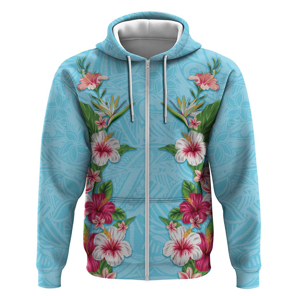 Hawaii Tropical Flowers Zip Hoodie Sky Blue Polynesian Tattoo Art LT05 Zip Hoodie Blue - Polynesian Pride