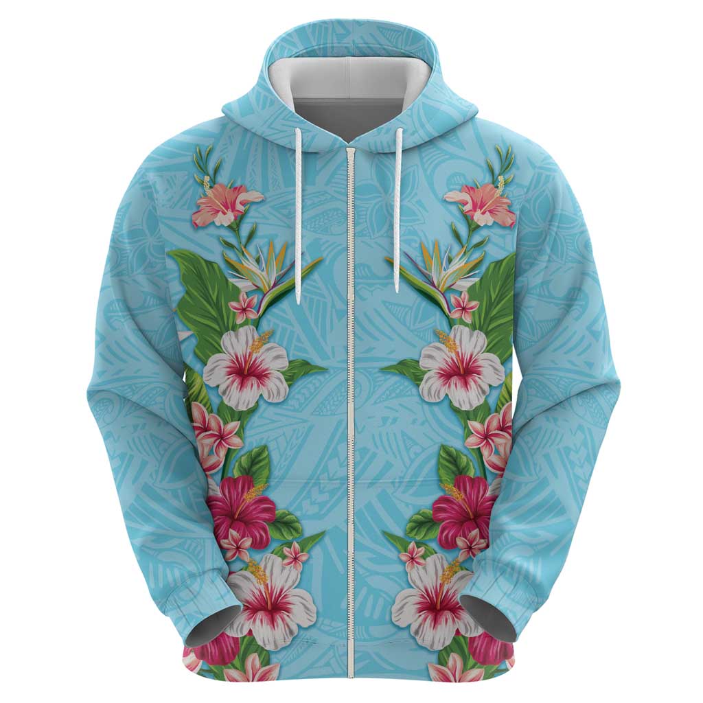 Hawaii Tropical Flowers Zip Hoodie Sky Blue Polynesian Tattoo Art LT05 - Polynesian Pride