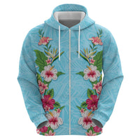 Hawaii Tropical Flowers Zip Hoodie Sky Blue Polynesian Tattoo Art LT05 - Polynesian Pride