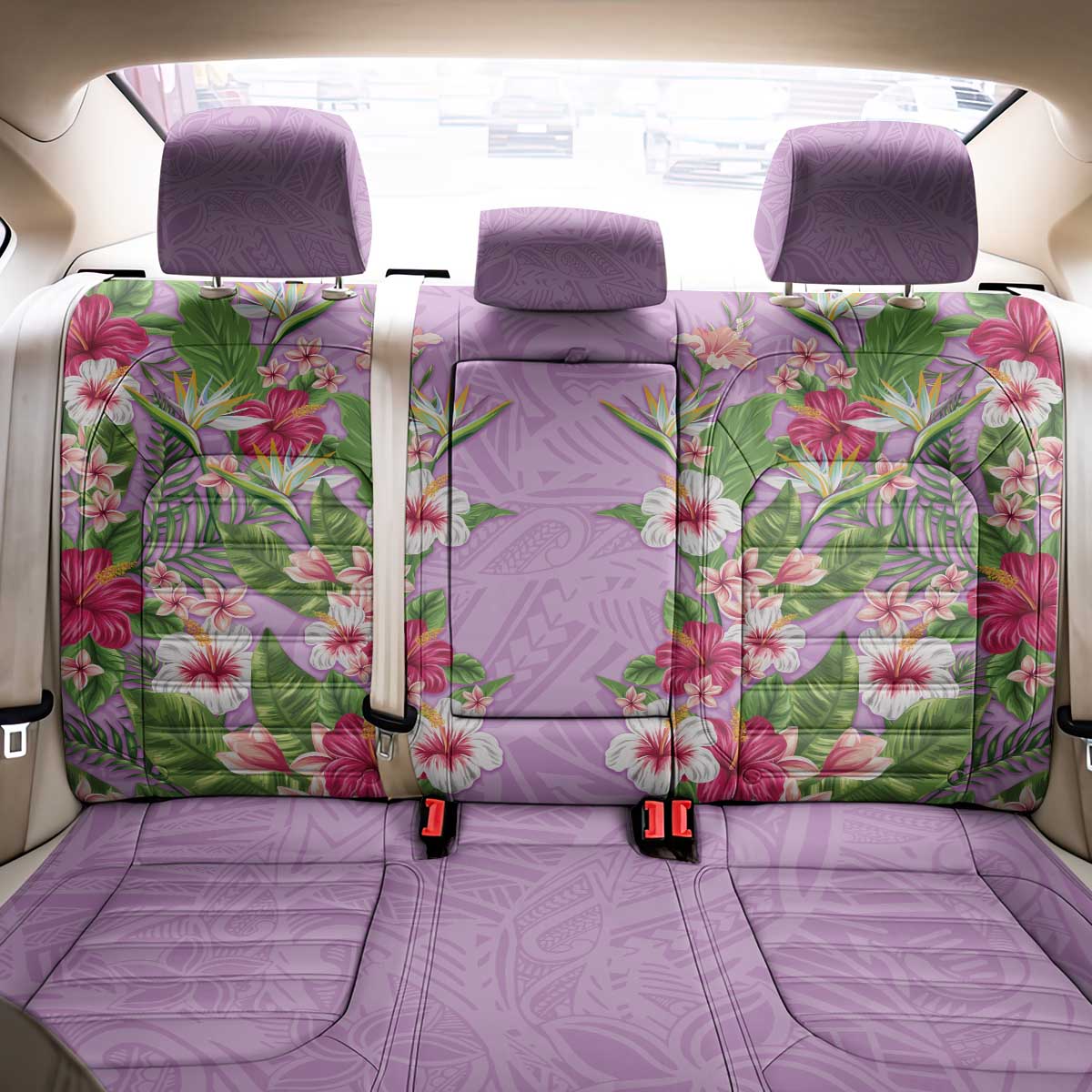 Hawaii Tropical Flowers Back Car Seat Cover Lavender Polynesian Tattoo Art