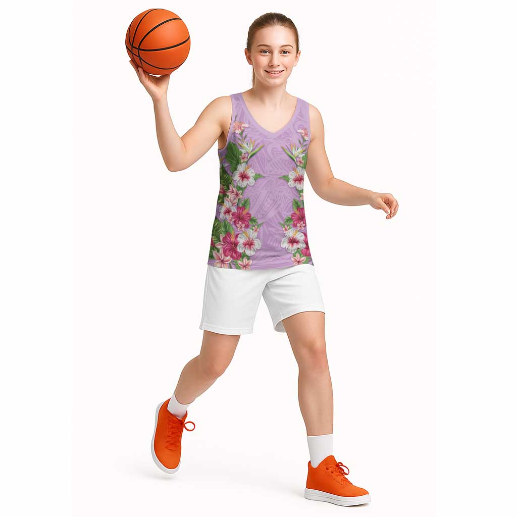 Hawaii Tropical Flowers Basketball Jersey Lavender Polynesian Tattoo Art LT05 - Polynesian Pride