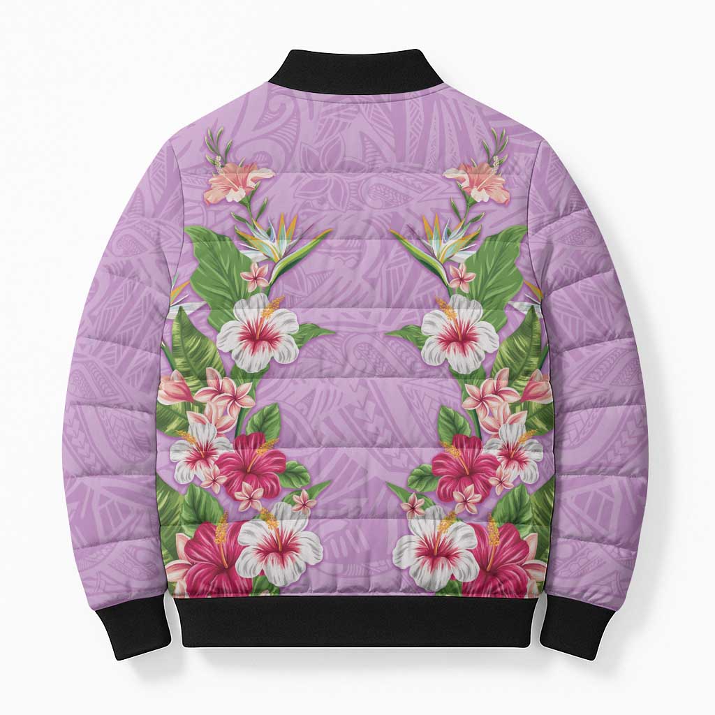 Hawaii Tropical Flowers Bomber Puffer Jacket Lavender Polynesian Tattoo Art