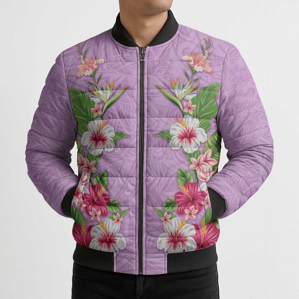 Hawaii Tropical Flowers Bomber Puffer Jacket Lavender Polynesian Tattoo Art