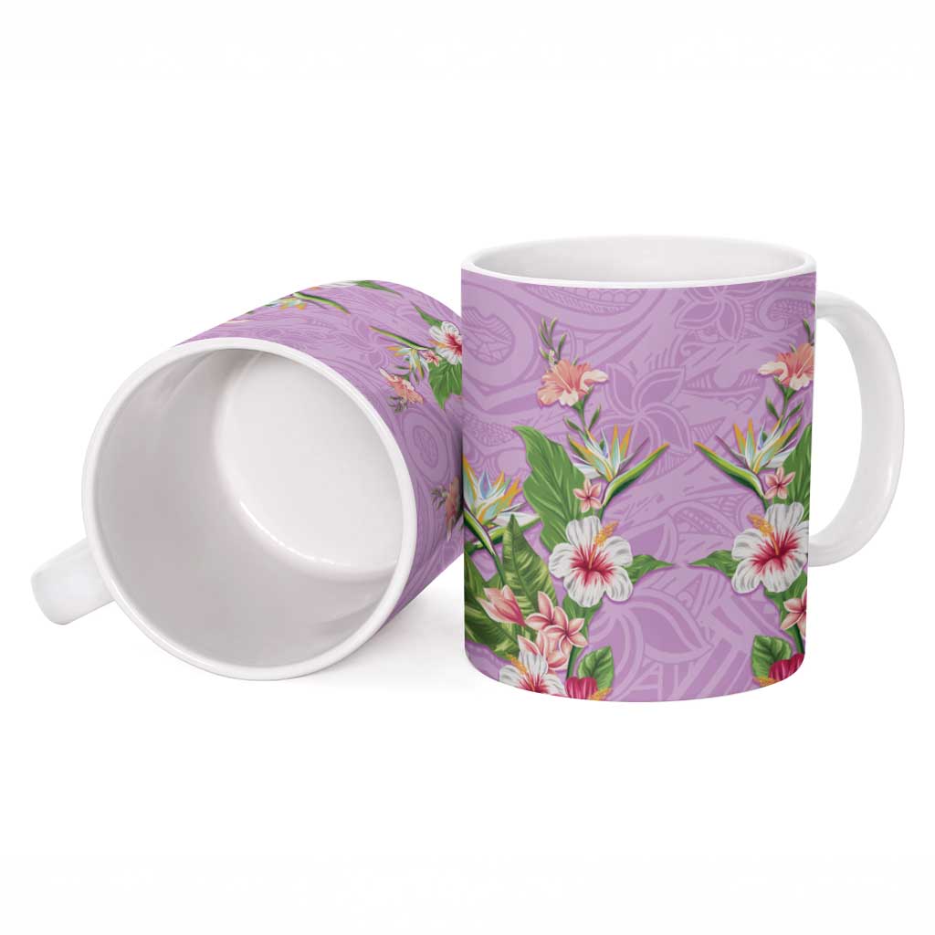 Hawaii Tropical Flowers Ceramic Mug Lavender Polynesian Tattoo Art