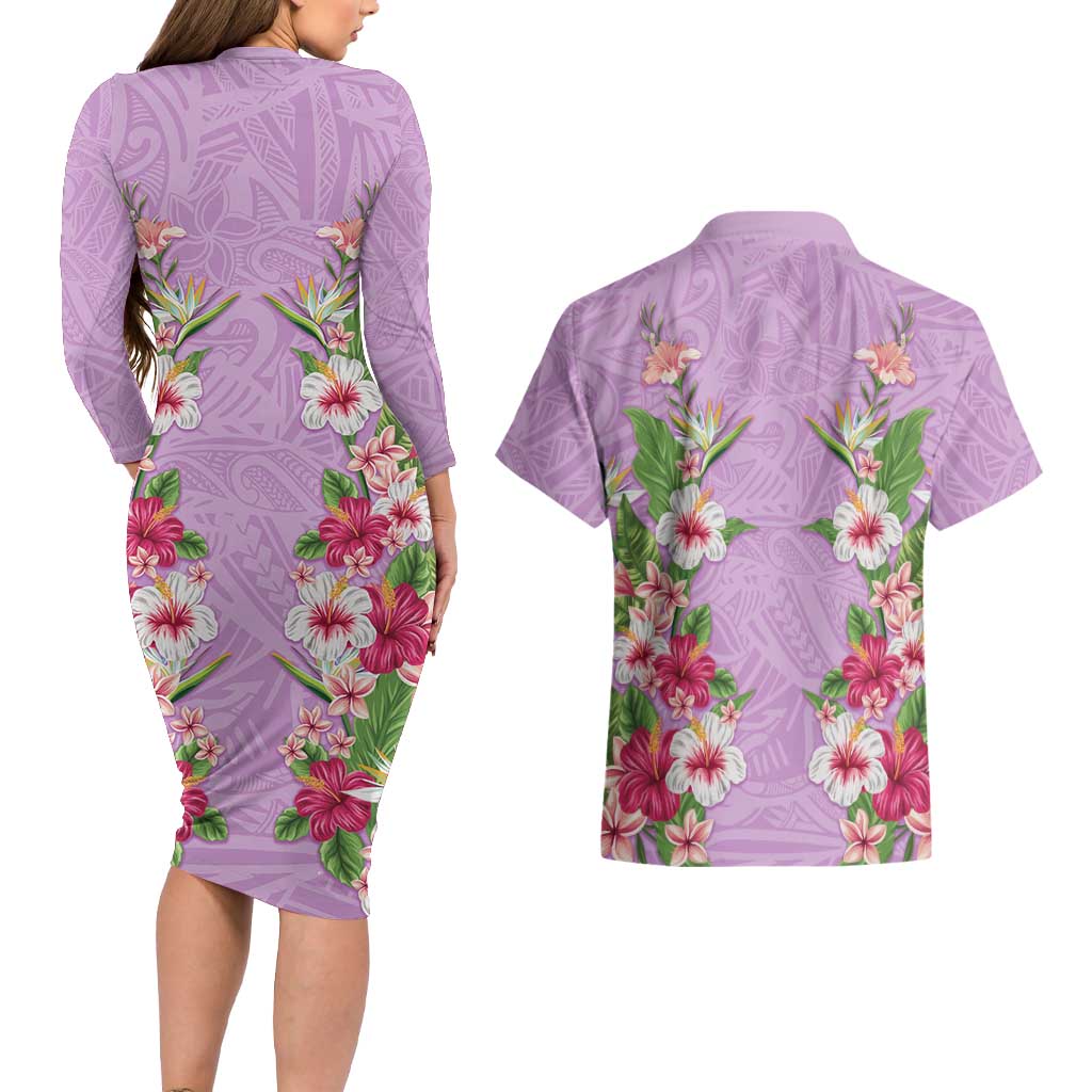 Hawaii Tropical Flowers Couples Matching Long Sleeve Bodycon Dress and Hawaiian Shirt Lavender Polynesian Tattoo Art