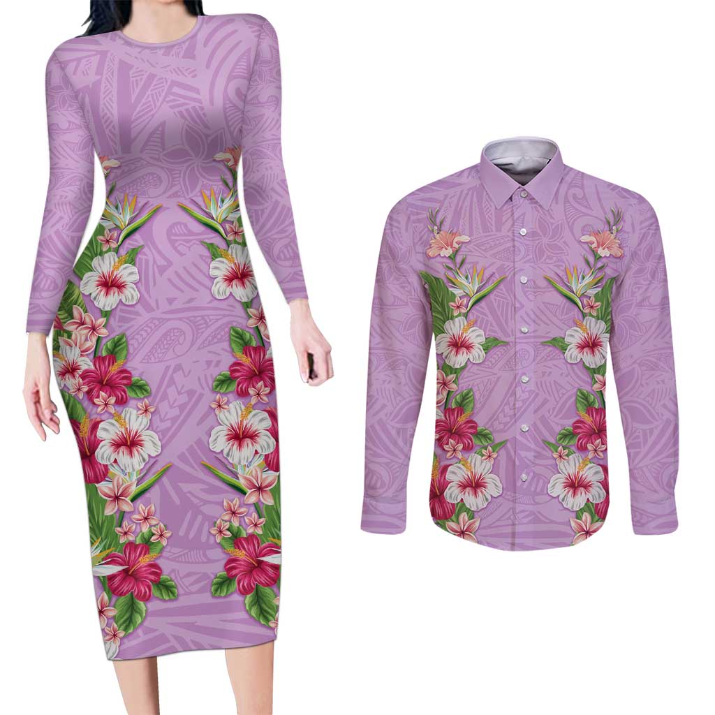 Hawaii Tropical Flowers Couples Matching Long Sleeve Bodycon Dress and Long Sleeve Button Shirt Lavender Polynesian Tattoo Art
