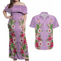 Hawaii Tropical Flowers Couples Matching Off Shoulder Maxi Dress and Hawaiian Shirt Lavender Polynesian Tattoo Art