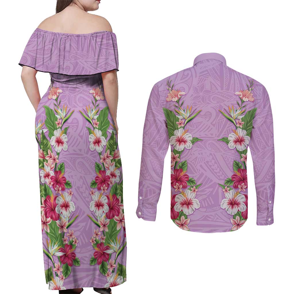 Hawaii Tropical Flowers Couples Matching Off Shoulder Maxi Dress and Long Sleeve Button Shirt Lavender Polynesian Tattoo Art