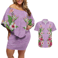 Hawaii Tropical Flowers Couples Matching Off Shoulder Short Dress and Hawaiian Shirt Lavender Polynesian Tattoo Art