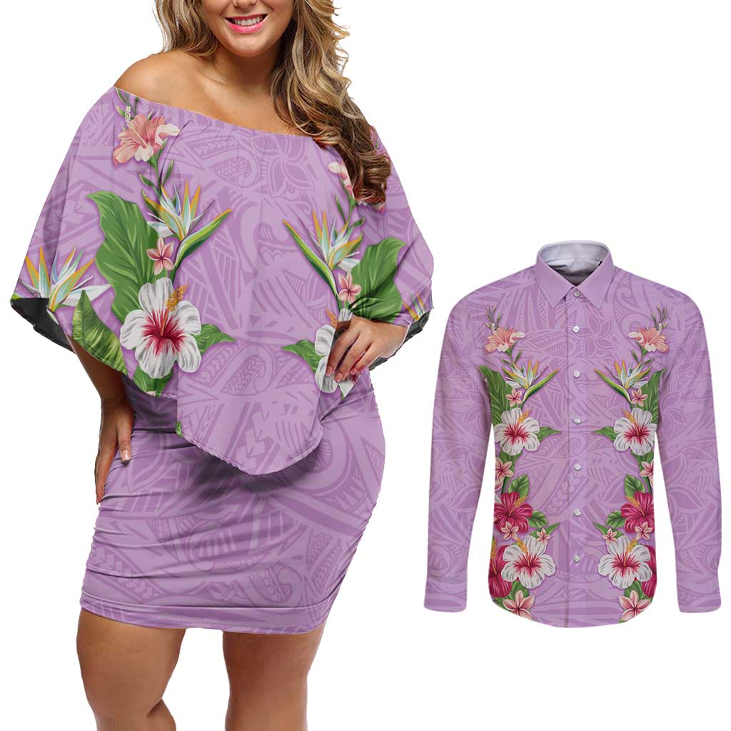 Hawaii Tropical Flowers Couples Matching Off Shoulder Short Dress and Long Sleeve Button Shirt Lavender Polynesian Tattoo Art