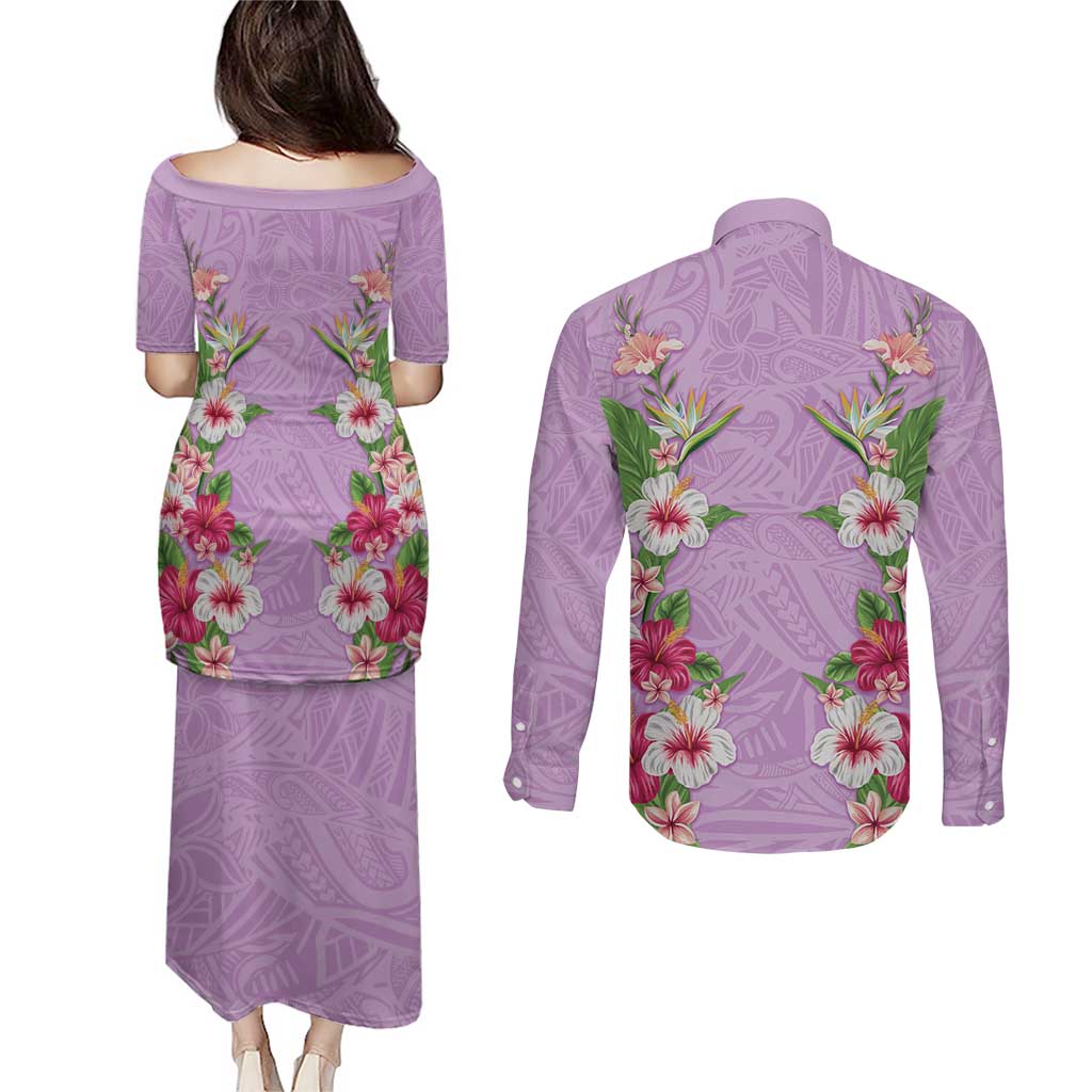 Hawaii Tropical Flowers Couples Matching Puletasi and Long Sleeve Button Shirt Lavender Polynesian Tattoo Art
