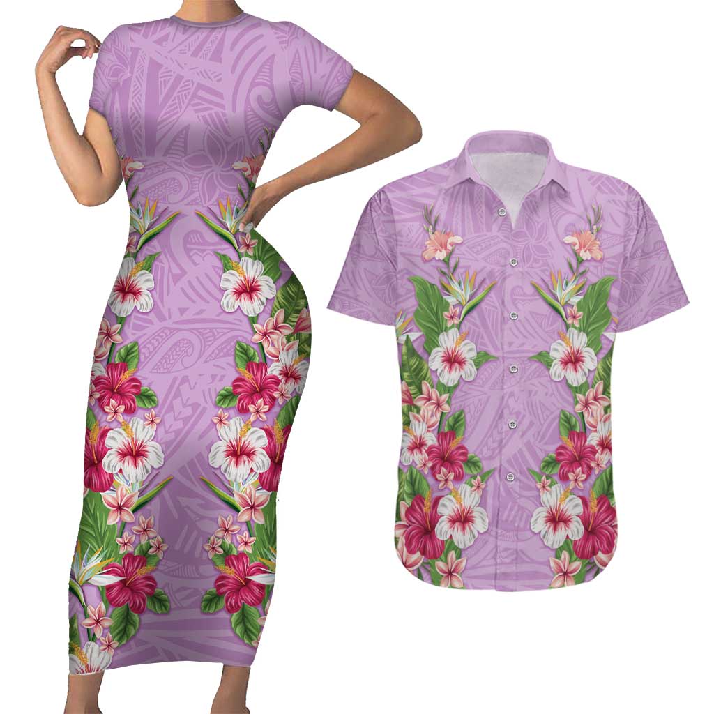 Hawaii Tropical Flowers Couples Matching Short Sleeve Bodycon Dress and Hawaiian Shirt Lavender Polynesian Tattoo Art