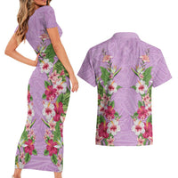 Hawaii Tropical Flowers Couples Matching Short Sleeve Bodycon Dress and Hawaiian Shirt Lavender Polynesian Tattoo Art
