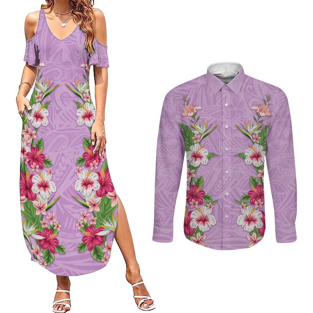 Hawaii Tropical Flowers Couples Matching Summer Maxi Dress and Long Sleeve Button Shirt Lavender Polynesian Tattoo Art