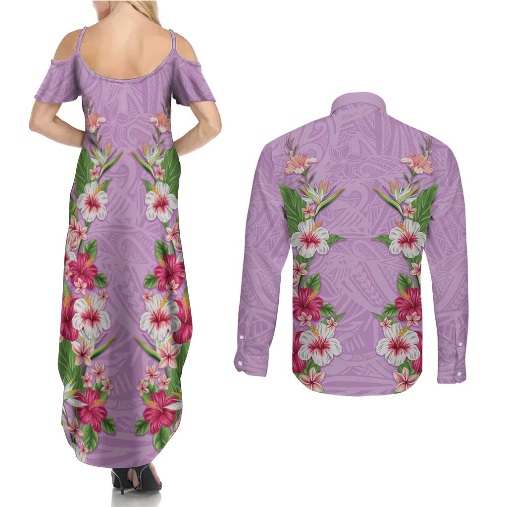 Hawaii Tropical Flowers Couples Matching Summer Maxi Dress and Long Sleeve Button Shirt Lavender Polynesian Tattoo Art