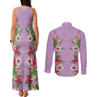 Hawaii Tropical Flowers Couples Matching Tank Maxi Dress and Long Sleeve Button Shirt Lavender Polynesian Tattoo Art