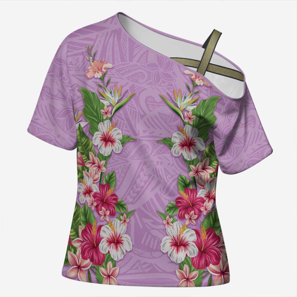 Hawaii Tropical Flowers Cross Shoulder Shirt Lavender Polynesian Tattoo Art