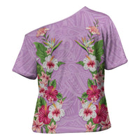 Hawaii Tropical Flowers Cross Shoulder Shirt Lavender Polynesian Tattoo Art